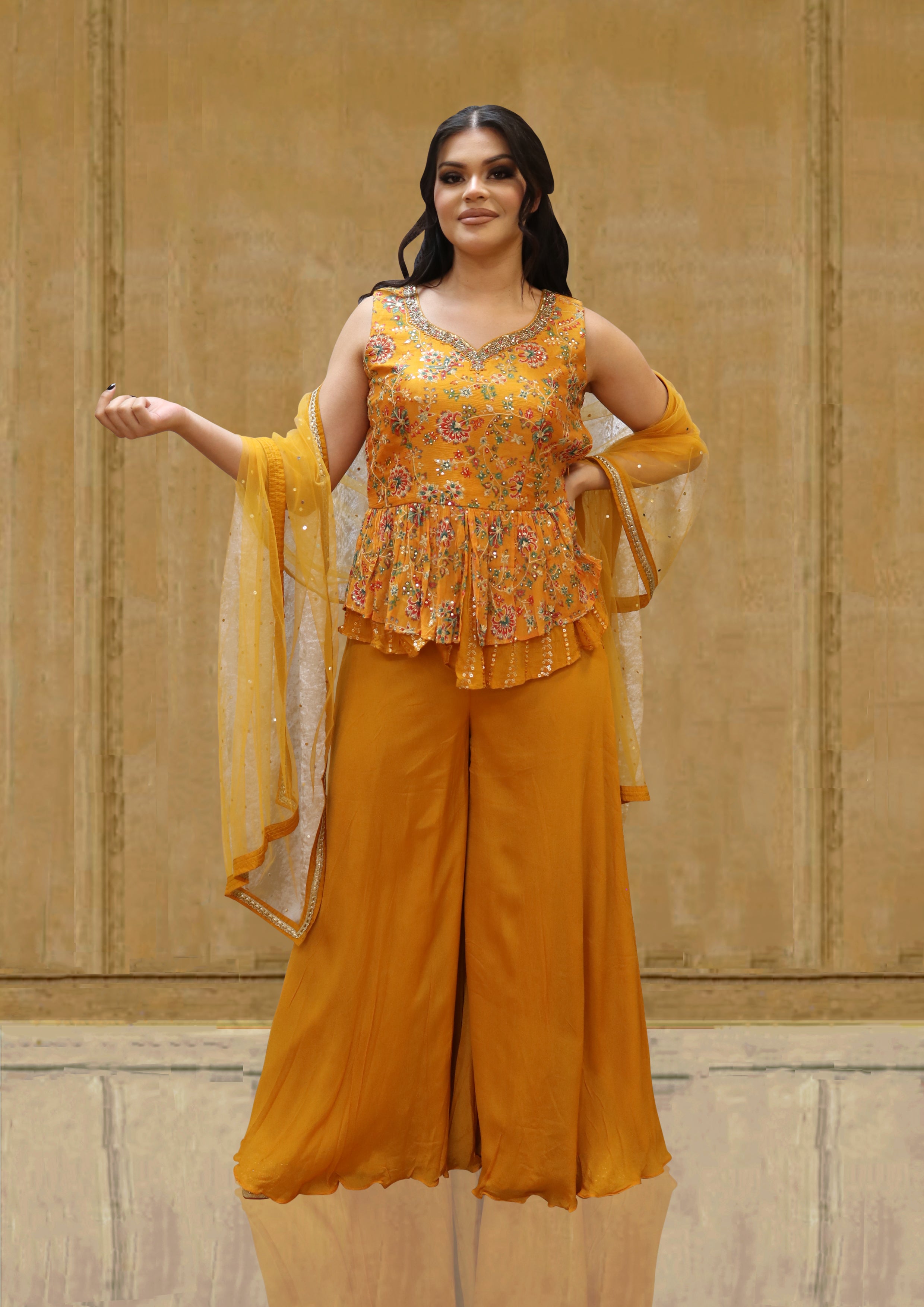 Mustard Yellow Peplum Top Palazzo Partywear Outfit product title OORVI DESAI Designer Indian Wedding Dresses in London