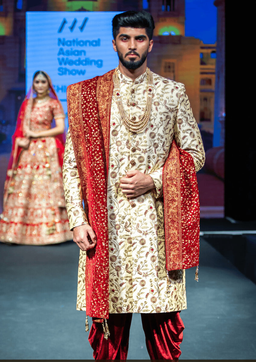 Traditional Cream Raw Silk Sherwani with intricate Gold & Red ...